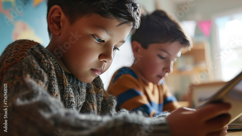 Two young boys are focused on reading and writing in a classroom setting