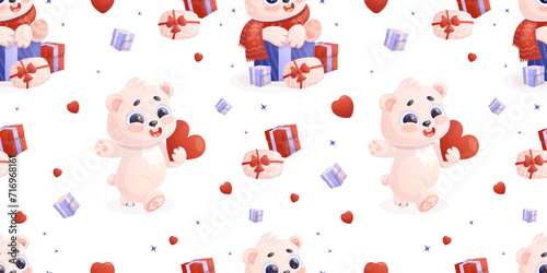 Seamless pattern with happy polar bears with gift boxes and heart on white background. Vector illustration in cartoon style. Holiday Valentine backdrop.