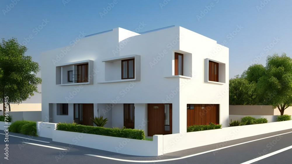 White architectural model of a house complemented by a gray backdrop. Concept for real estate or property.