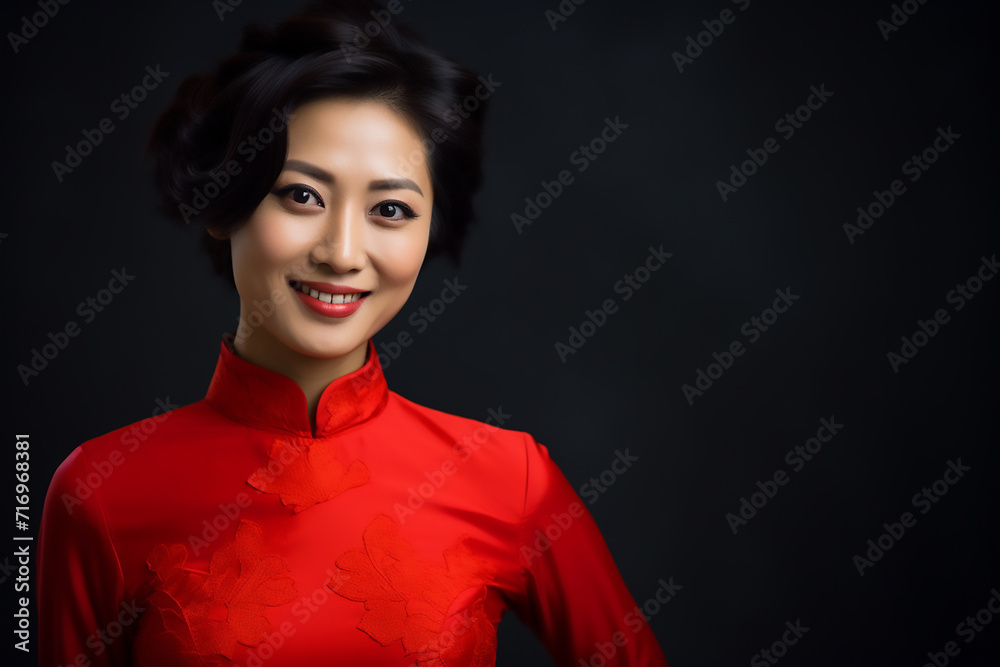 portrait of a woman wearing a red Chinese shirt commemorating Chinese New Year with generative ai portrait of a woman wearing a red Chinese shirt commemorating Chinese New Year with generative ai