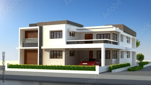 White architectural model of a house complemented by a gray backdrop. Concept for real estate or property. © home 3d