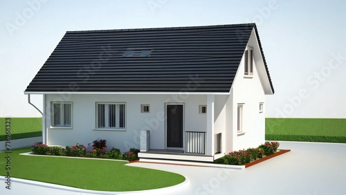 Modern white residential house with black roof, 3D architectural rendering of a small family home, contemporary cottage with garden landscaping