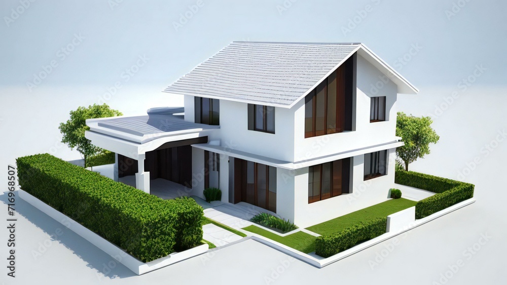 Charming, modern 3D house design with an inviting front porch. Concept for real estate or property. Charming, modern 3D house design with an inviting front porch. Concept for real estate or property.