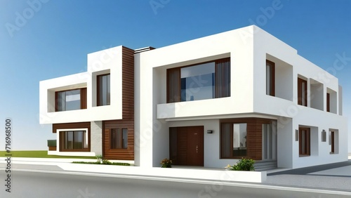 Charming, modern 3D house design with an inviting front porch. Concept for real estate or property.