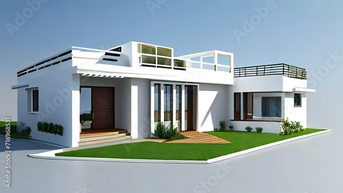 Charming, modern 3D house design with an inviting front porch. Concept for real estate or property.