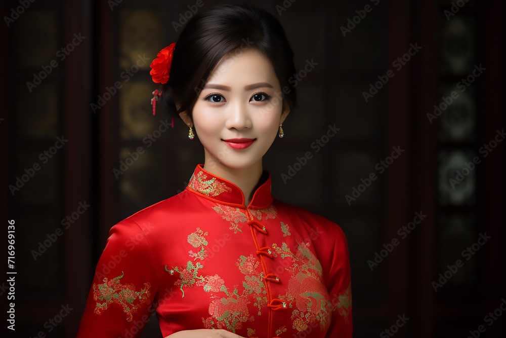 portrait of a woman wearing a red Chinese shirt commemorating Chinese New Year with generative ai