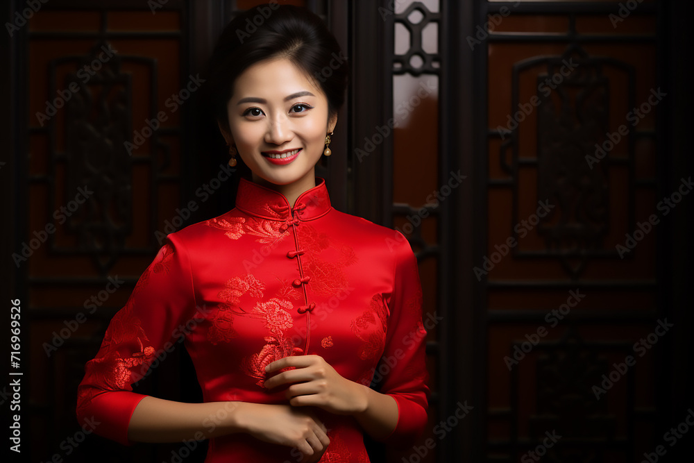 portrait of a woman wearing a red Chinese shirt commemorating Chinese New Year with generative ai portrait of a woman wearing a red Chinese shirt commemorating Chinese New Year with generative ai