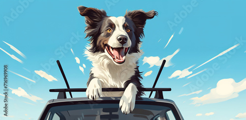 Happy  dog  looks out the open car window, goes on vacation with his owner.