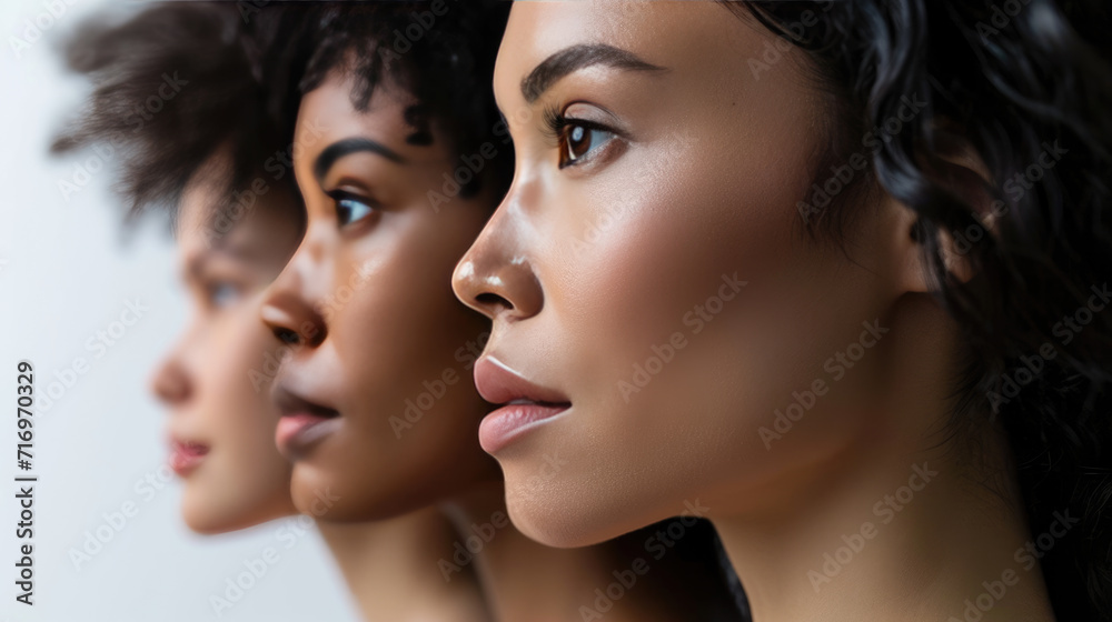 Close-up, profile view of three women of diverse ethnicities lined up in a row, highlighting their facial features and diversity. Close-up, profile view of three women of diverse ethnicities lined up in a row, highlighting their facial features and diversity.