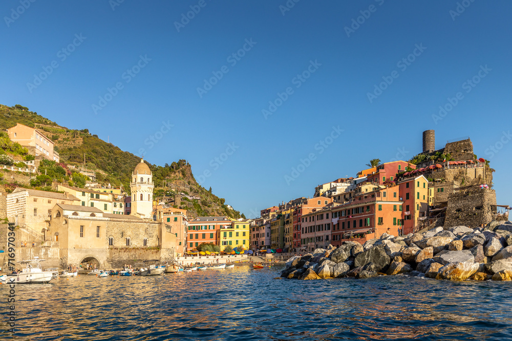 Vernazza, Italy - August 1st, 2023: View of Vernazza village, one of the cinque terre, by the sea, in Italy