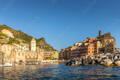 Vernazza, Italy - August 1st, 2023: View of Vernazza village, one of the cinque terre, by the sea, in Italy © JEROME LABOUYRIE