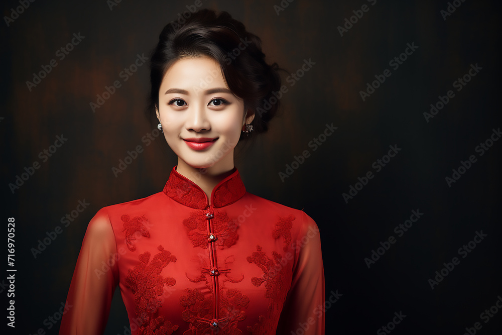 portrait of a woman wearing a red Chinese shirt commemorating Chinese New Year with generative ai portrait of a woman wearing a red Chinese shirt commemorating Chinese New Year with generative ai