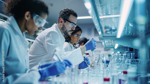 A team of researchers in a biotechnology laboratory, working on innovative solutions for healthcare. The mix of biological samples, advanced equipment, and focused faces underscore photo