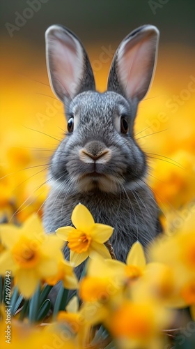 Curious grey bunny amidst yellow daffodils in spring. close-up of a rabbit in a flower field. nature and wildlife concept. AI
