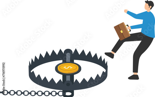 Financial money trap, Risk in investment, Ponzi scheme or business pitfall, Running and jumping into lore money, Pitfall or mouse trap with money dollar sign


