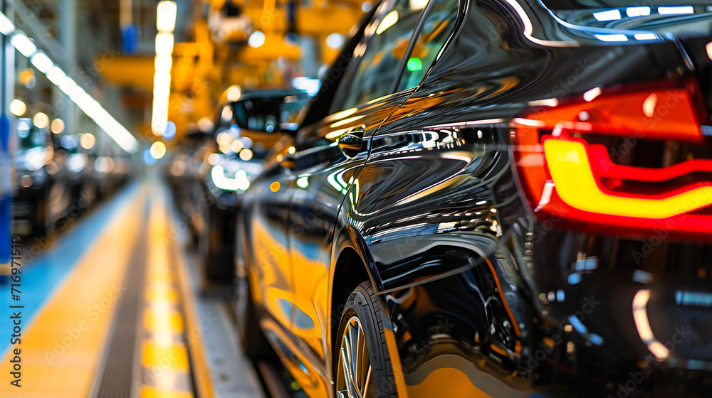 Fototapeta premium Manufacturing New Cars: Automobiles in an Industrial Factory on an Assembly Line