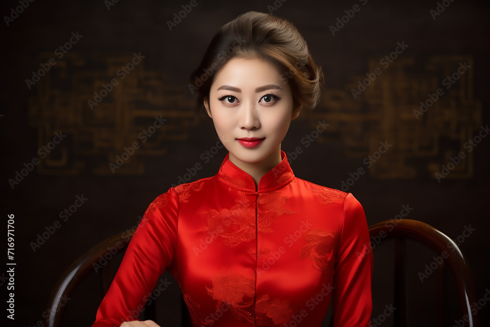 portrait of a woman wearing a red Chinese shirt commemorating Chinese New Year with generative ai portrait of a woman wearing a red Chinese shirt commemorating Chinese New Year with generative ai