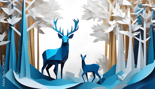 A pair of deers walking through the woods, in an illustration made with multi-layer papercut effect © Claudio