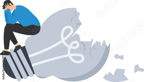 Uninspired or motivations after business failure, Burnout or exhausted from crisis, No new idea or inspiration, Man sitting with fail old broken creative ideas

