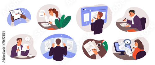 Cartoon people sign documents. Official agreement, paper and electronic signatures, digital contract, partnership deal. Digital and paper agreements cartoon isolated garish vector set