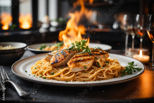 Delicious pasta with chicken fire flames background photo