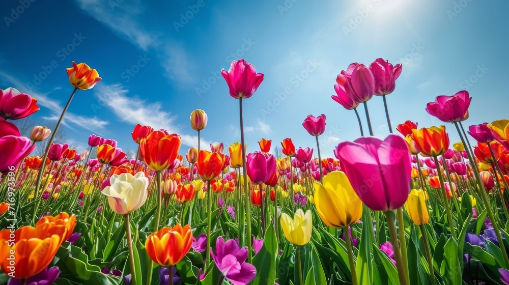 Field of colorful tulips under a bright blue sky. Field of colorful tulips under a bright blue sky.