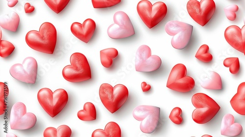 Scattered watercolor hearts in shades of pink and red on a white background.