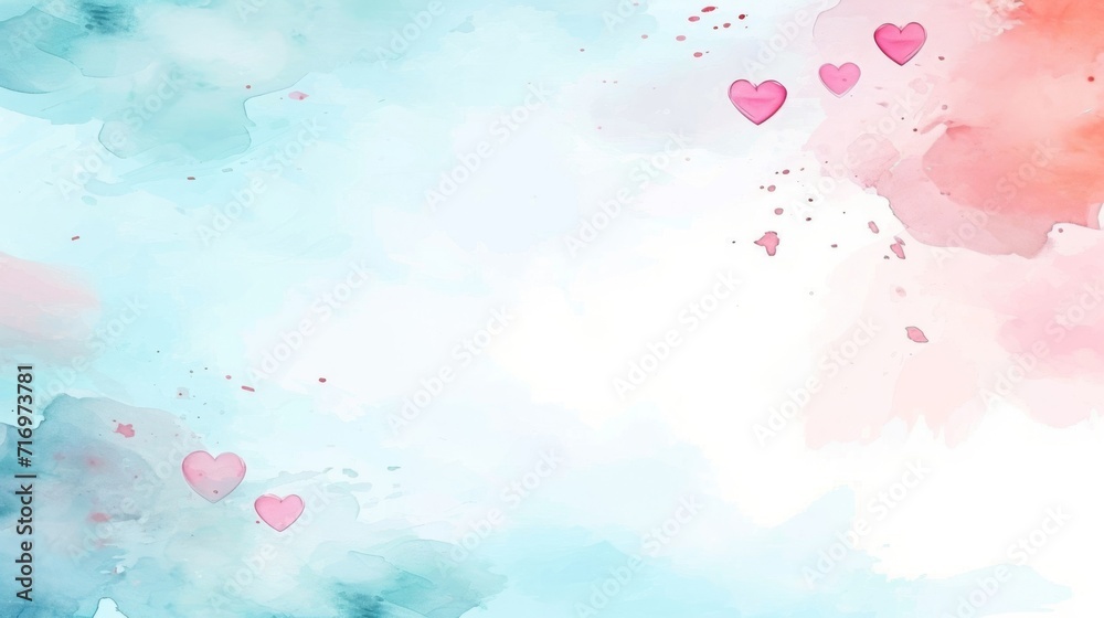 Pink hearts on a blue and pink watercolor background with white space.