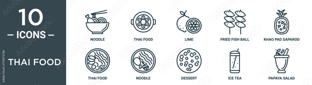 thai food outline icon set includes thin line noodle, thai food, lime ...