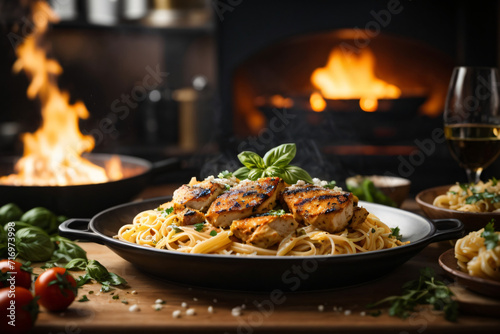 Delicious pasta with chicken fire flames background
