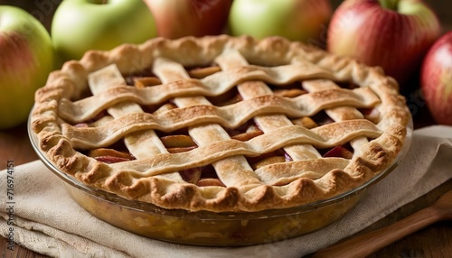 Apple pie with cinnamon on blurry background