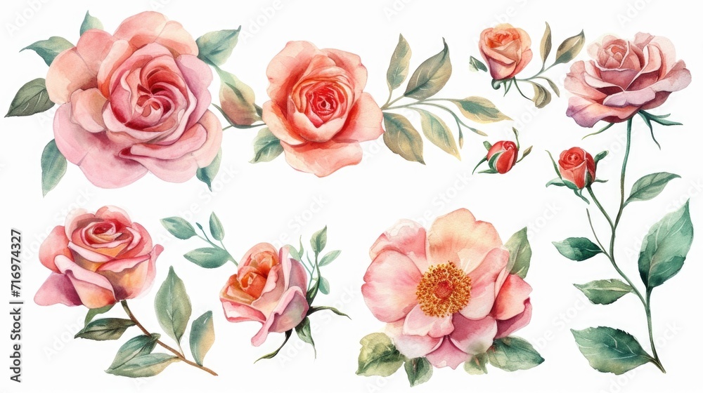 A set of beautiful watercolor roses on a clean white background. Perfect for adding a touch of elegance to any project or design