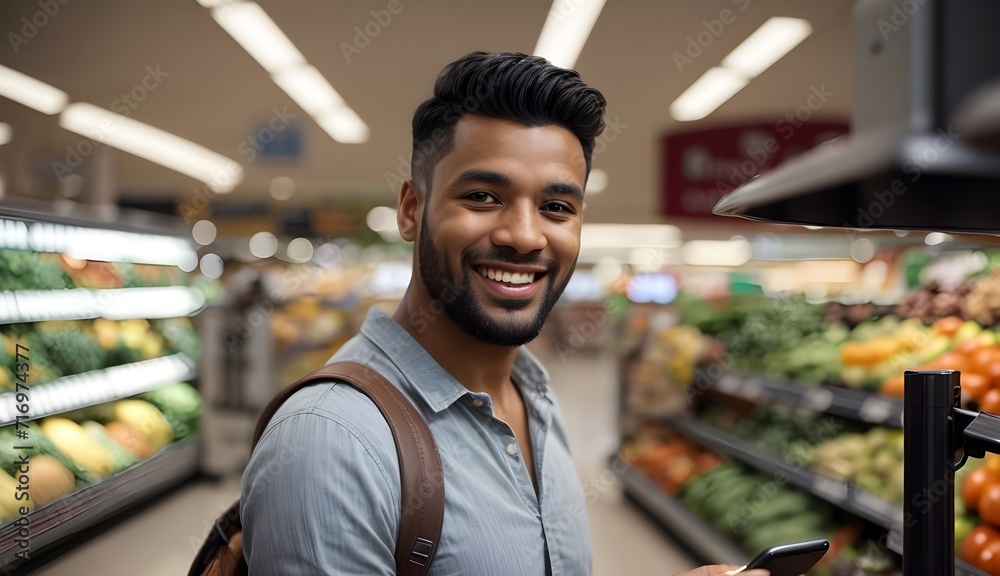 Happy man using mobile phone app while buying groceries in supermarket and looking at camera.

