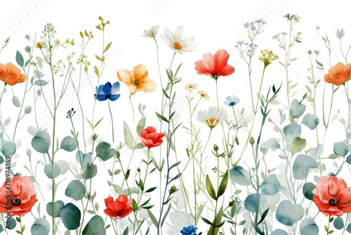 A beautiful watercolor painting depicting a vibrant field of flowers. Perfect for adding a touch of color and nature to any space