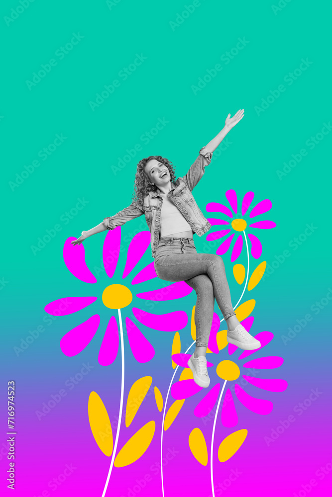 Collage picture image of lovely positive glad girl celebrate spring holidays party isolated on drawing purple background