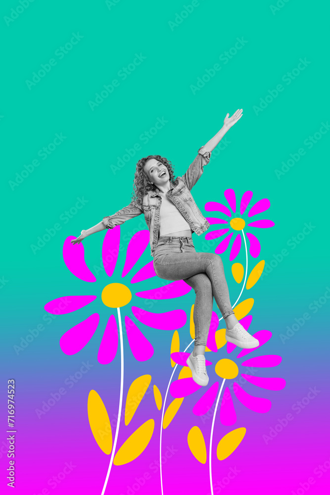 Collage picture image of lovely positive glad girl celebrate spring holidays party isolated on drawing purple background Collage picture image of lovely positive glad girl celebrate spring holidays party isolated on drawing purple background