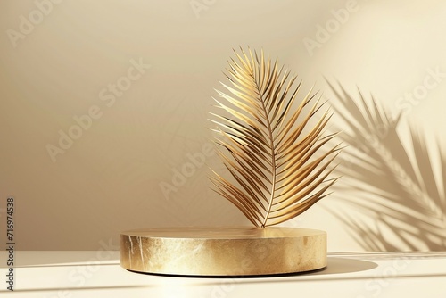 Luxurious Leafy Platform on golden background JPG by Generative A.I. photo