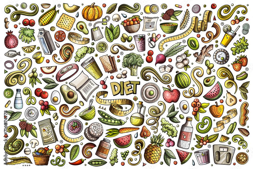 Diet food cartoon objects set - obrazy, fototapety, plakaty 