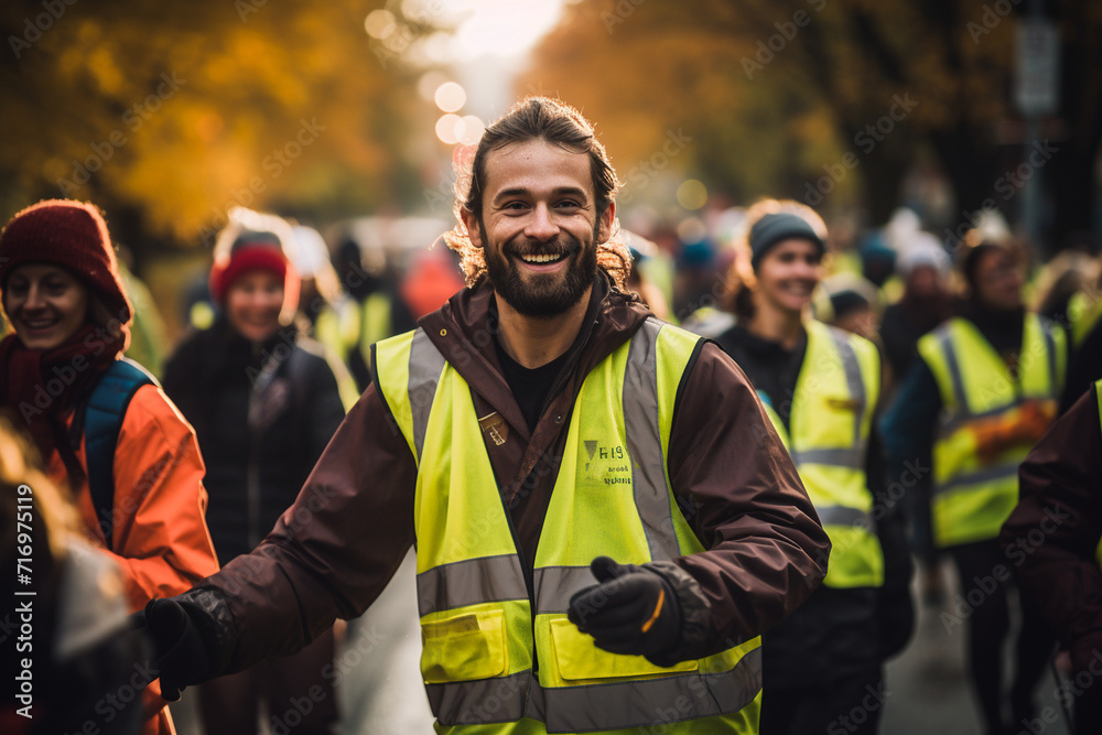 A heartwarming scene of volunteers organizing a charity run to raise funds for the homeless, emphasizing the active role of community engagement in addressing societal challenges. - obrazy, fototapety, plakaty 