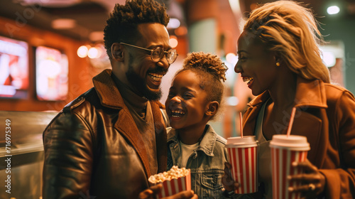 Joyful family of three is sharing a moment at the cinema lobby