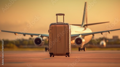 A suitcase on a runway with blurred airplane in the background. Business travel concept. Travel background, generative ai