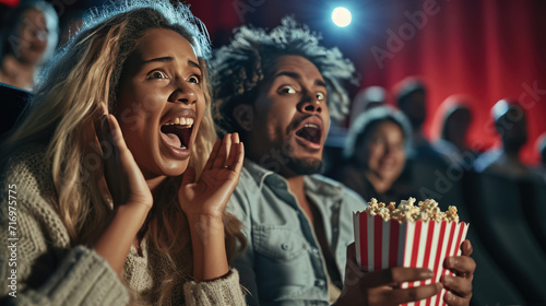 Young man and woman looking shocked and excited while watching a movie in a cinema, holding a box of popcorn.