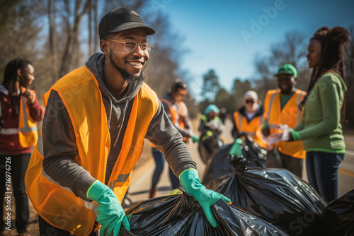 A powerful image capturing volunteers organizing a community-wide clean-up event, symbolizing the collective efforts to maintain cleanliness and promote a sense of pride in the nei photo