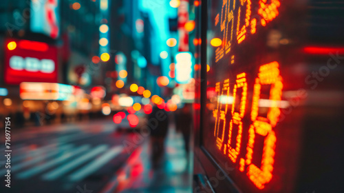 Nighttime Financial District: Blurred Stock Market Data and City Lights in a Business Setting