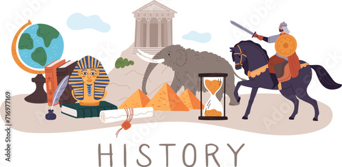 Historical elements composition. School subject. Ancient civilization. History education. Antique hourglass. Egyptian pyramid. Mammoth or horseman. Greek temple. Garish vector concept