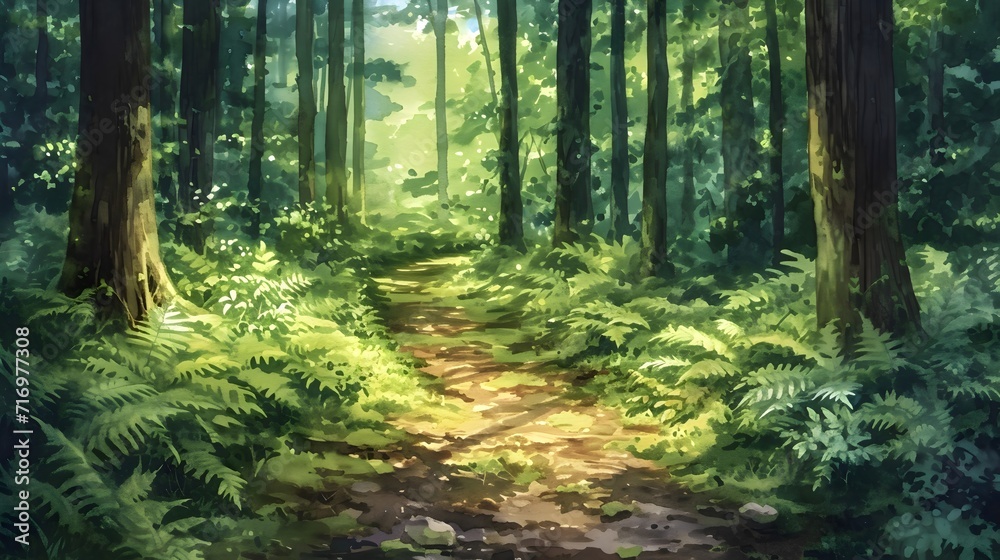 Sunlit Forest Path in a Lush Green Woodland