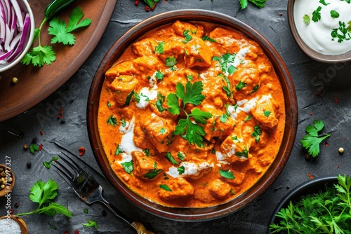 chicken masala curry served in a wooden bowl with yogurt cream