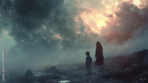 Throughout the video, mother and child move through a dreamlike and otherworldly environment