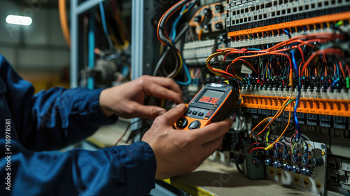 A technician in professional attire is carefully using a digital multimeter to check or troubleshoot an electrical panel photo