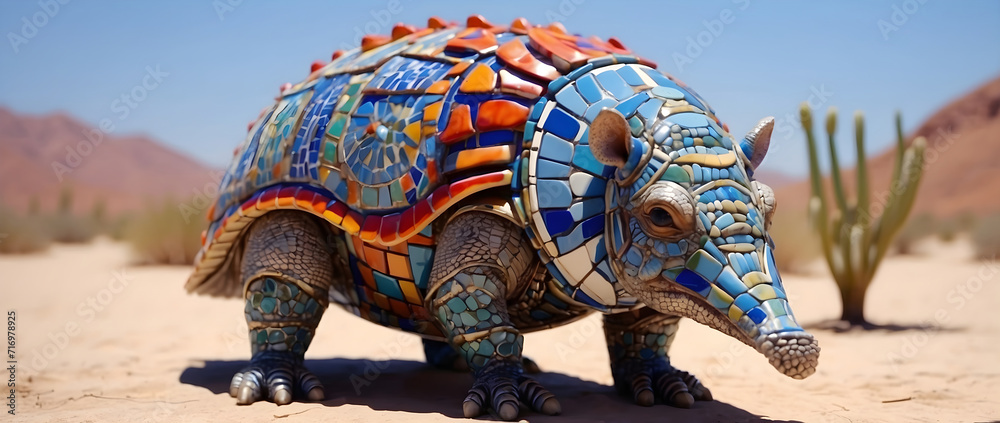 An artistic armadillo in the desert.